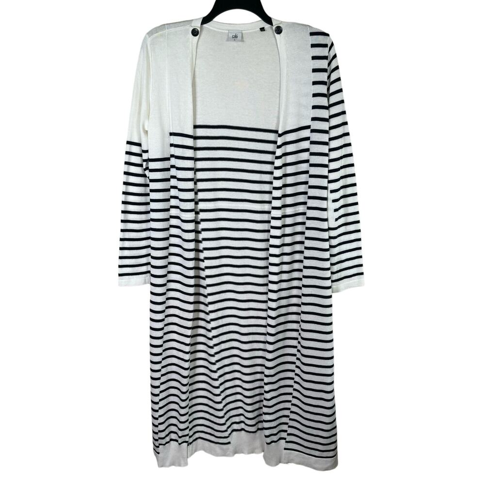 Cabi Duster Cardigan Open Sweater Women's Medium Navy Cream Striped Long‎ Knit